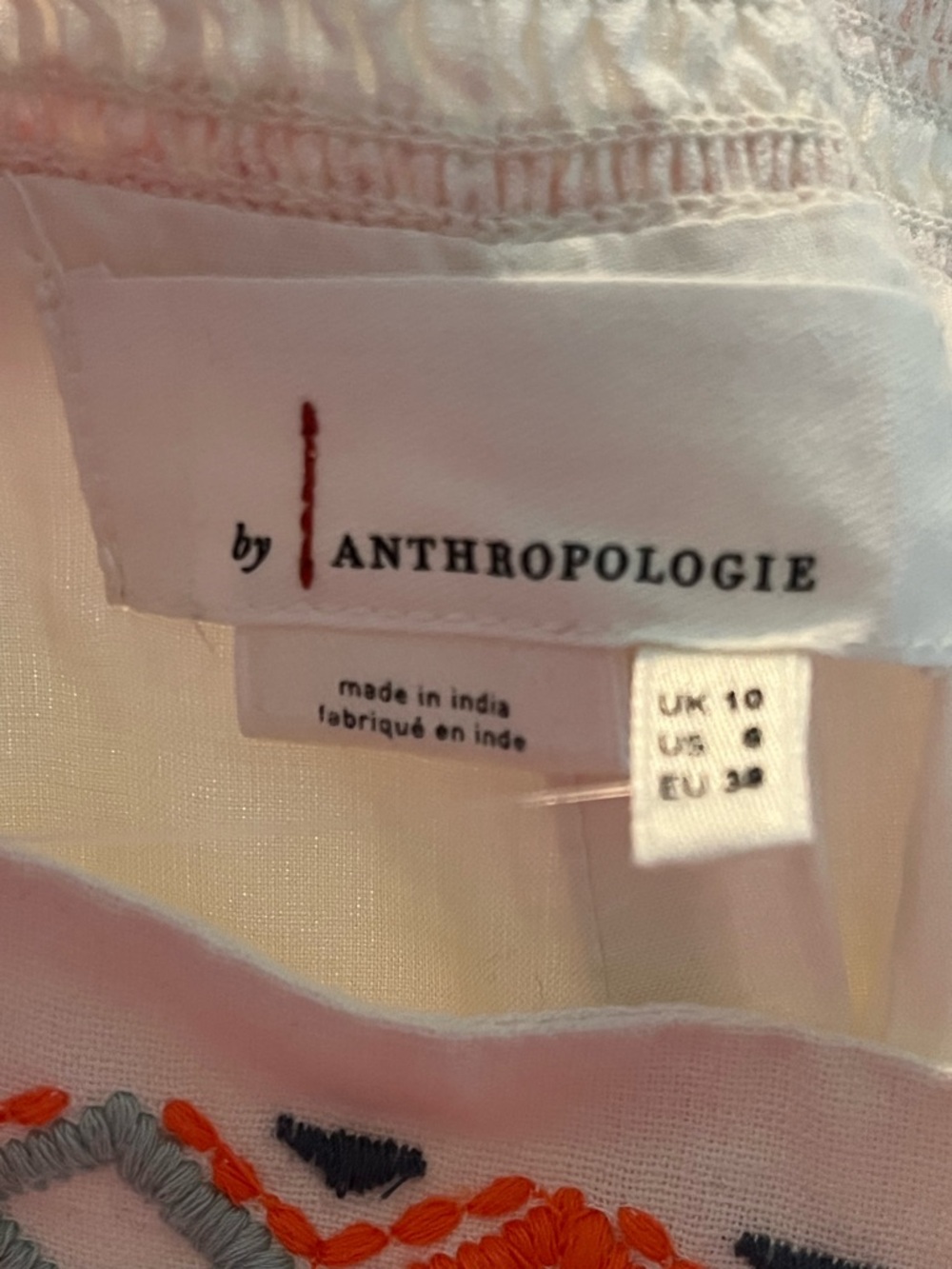 Anthropologie Cream Pants with Coral & Navy Embroidered Trim - Picture 6 of 6
